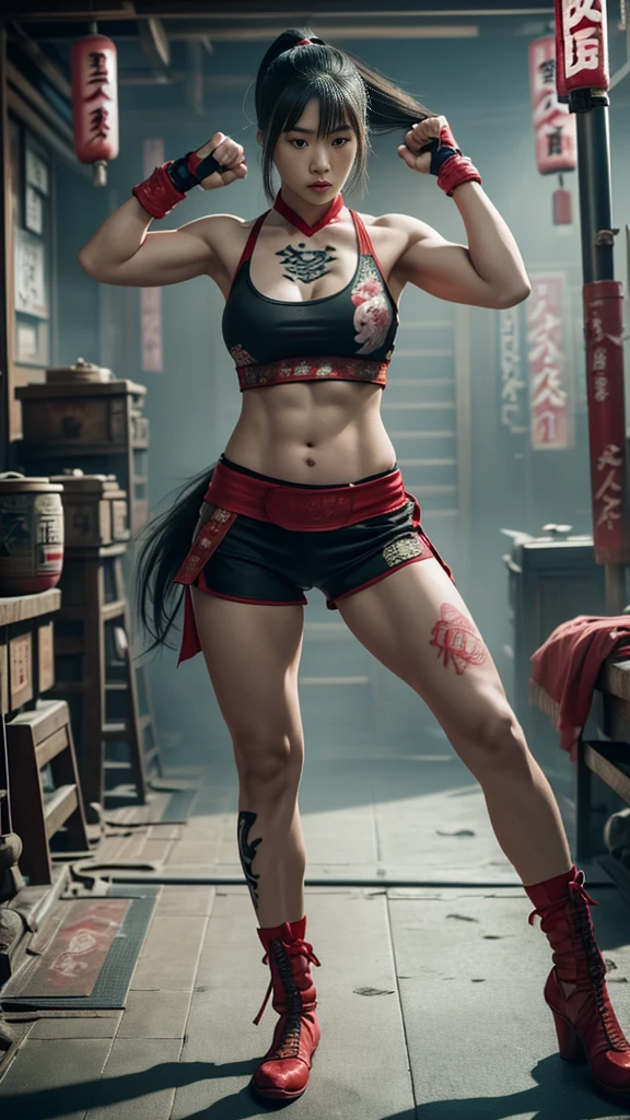 Beautiful Japanese female, (16 years old), Mixed Martial Arts, (belly exposed, everyday clothes worn around the house:1.3), tank top, (MMA gloves), fit, (muscles:1.2), athletic feminine body, female fitness model body, Tokyo landmark background, masterpiece, perfect lighting, ultra high resolution, 8K, She is an exceptional MMA fighter, hard toned feminine body, (very long ponytail, straight bangs:1.2), (sexy smile for the camera:0.7), (very sexy pose), (holding very large weapon in hand, wearing very large weapon, standing with very large weapon, brandishing very large weapon:1.3), (tattoos all over body, 80% of body has Japanese tattoos:1.5), red lips, red high heels, choker, necklace, earrings, (kung fu fighter in fighting stance, very detailed:1.4), front view, looking at camera, pensive expression, (Tokyo landmark, many people in background),