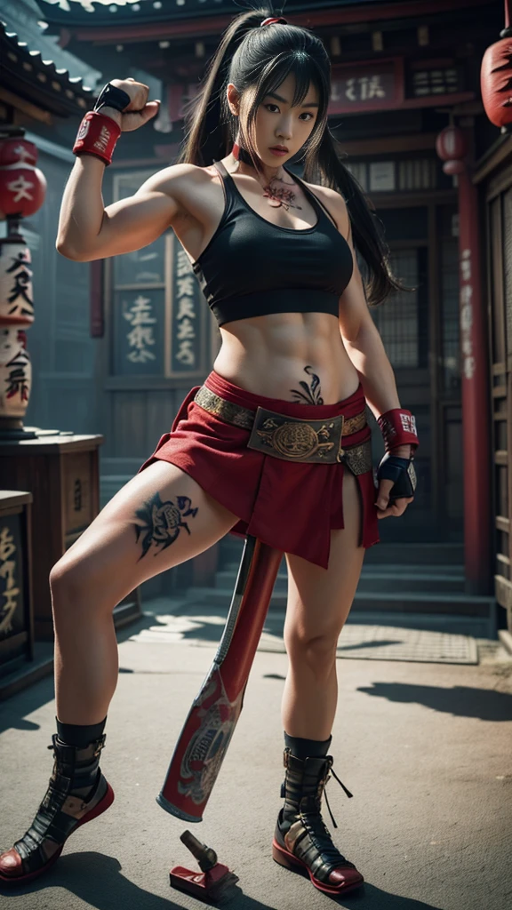 Beautiful Japanese female, (16 years old), Mixed Martial Arts, (belly exposed, everyday clothes worn around the house:1.3), tank top, (MMA gloves), fit, (muscles:1.2), athletic feminine body, female fitness model body, Tokyo landmark background, masterpiece, perfect lighting, ultra high resolution, 8K, She is an exceptional MMA fighter, hard toned feminine body, (very long ponytail, straight bangs:1.2), (sexy smile for the camera:0.7), (very sexy pose), (holding very large weapon in hand, wearing very large weapon, standing with very large weapon, brandishing very large weapon:1.3), (tattoos all over body, 80% of body has Japanese tattoos:1.5), red lips, red high heels, choker, necklace, earrings, (kung fu fighter in fighting stance, very detailed:1.4), front view, looking at camera, pensive expression, (Tokyo landmark, many people in background),