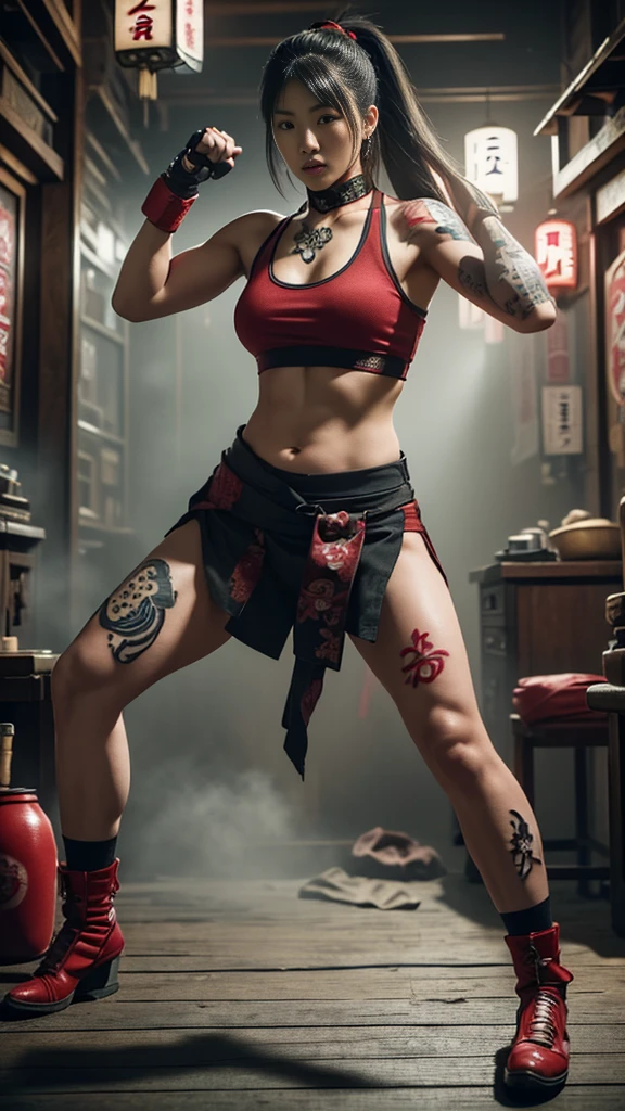 Beautiful Japanese female, (16 years old), Mixed Martial Arts, (belly exposed, everyday clothes worn around the house:1.3), tank top, (MMA gloves), fit, (muscles:1.2), athletic feminine body, female fitness model body, Tokyo landmark background, masterpiece, perfect lighting, ultra high resolution, 8K, She is an exceptional MMA fighter, hard toned feminine body, (very long ponytail, straight bangs:1.2), (sexy smile for the camera:0.7), (very sexy pose), (holding very large weapon in hand, wearing very large weapon, standing with very large weapon, brandishing very large weapon:1.3), (tattoos all over body, 80% of body has Japanese tattoos:1.5), red lips, red high heels, choker, necklace, earrings, (kung fu fighter in fighting stance, very detailed:1.4), front view, looking at camera, pensive expression, (Tokyo landmark, many people in background),