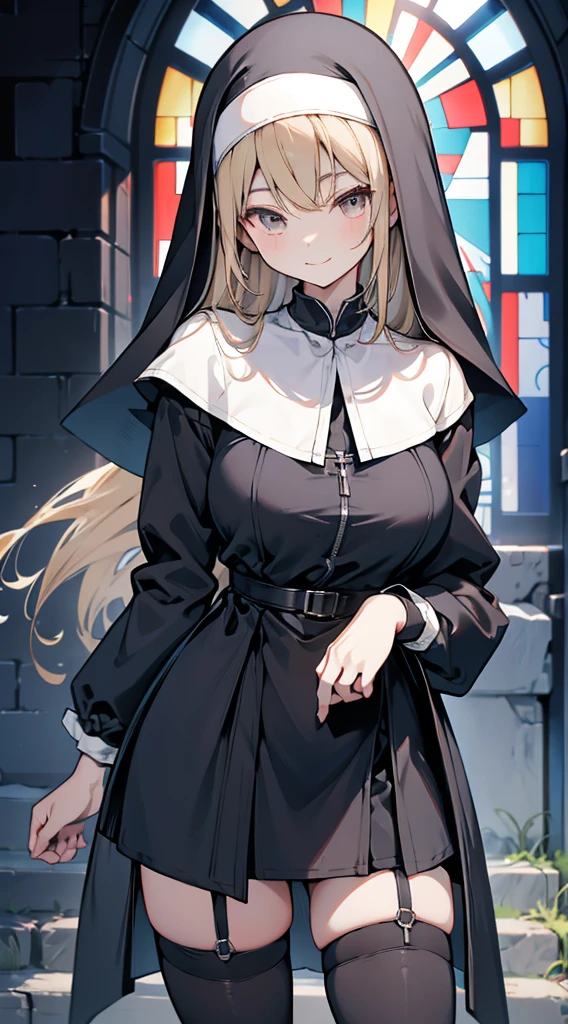 nun，nun服，黑白nun服，Colored hair，nun头巾，Big breasts，Full of figure，Church Background，Stained window glass，Mosaic art background，nun，高开叉nun长袍，Absolute Domain，thigh，thigh，thigh，黑白Knee socks，黑白Knee socks，Knee socks，nun长袍，Cheongsam style hem，Robe hem，Robe hem，Long hem robe，Front of robe，Long front robe，Front of robe，thigh侧面，Long blond hair，blond，cute，gentle，Smile，慈爱的Smile，Wide crotch，Wide crotch，Thin waist