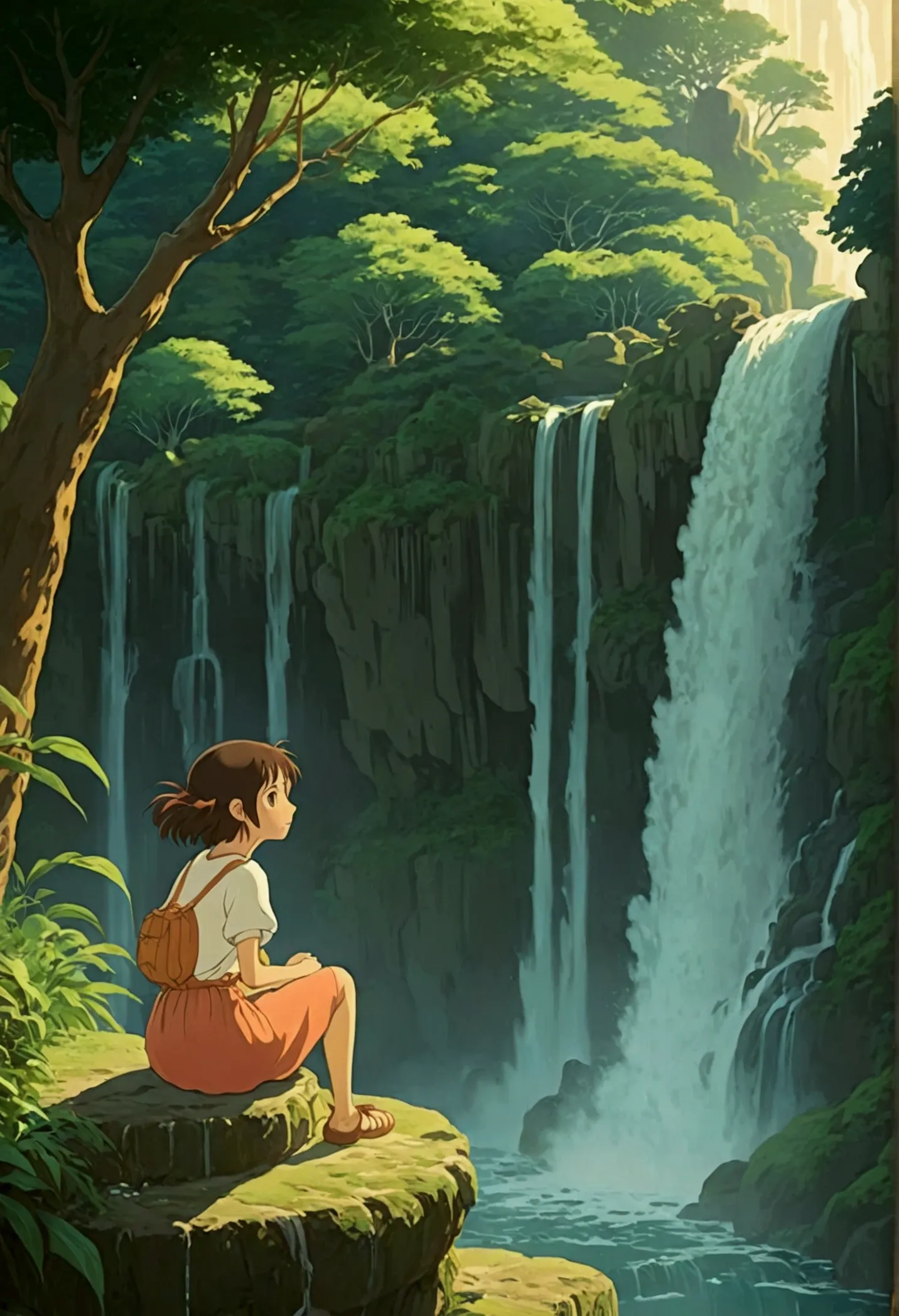 ghibli　　summer　beautiful waterfall　girl