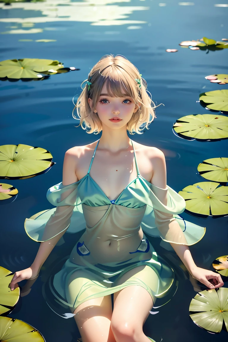 a woman in a pond with lily pads in the water, in a pond, standing in a pond, floating in a powerful zen state, nymph in the water, sitting in a reflective pool, floathing underwater in a lake, sitting at a pond, in water up to her shoulders, the hair floats on the water, in a lake, in the water