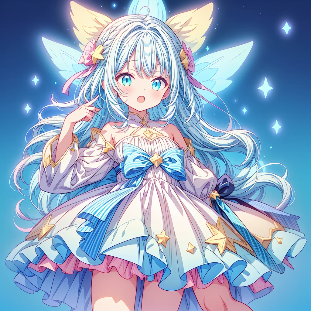 1girl、Star Fairy、Star incarnation、Character design front view、A picture facing the viewer、(((Super detailed、Highest quality、Masterpiece)))、Unique and original cute hairstyle、Milky white and blue hair color、Simple Green Background、vtuber-fullbody,Original cute clothes in jet black and hot pink、