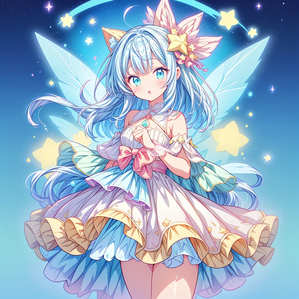 1girl、Star Fairy、Star incarnation、Character design front view、A picture facing the viewer、(((Super detailed、Highest quality、Masterpiece)))、Unique and original cute hairstyle、Milky white and blue hair color、Simple Green Background、vtuber-fullbody,Original cute clothes in jet black and hot pink、