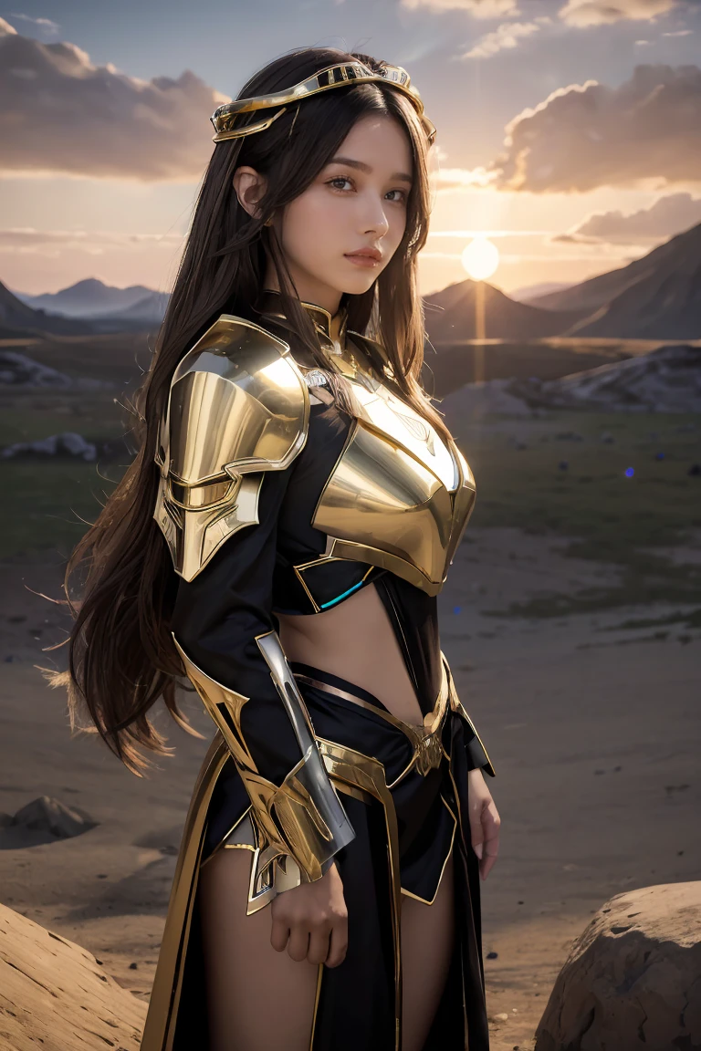 ((masterpiece, best quality, extremely detailed), volumetric lighting, ambient occlusion, colorful, glowing), 1girl, solo, young girl, (dark hair), long hair, halo, aura, sacred, goddess, cleric suit, black outfit with gold detailst:1.3), armor, outdoors, sunset, sky, clouds, space, (fantasy theme:1.2),