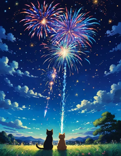 ghibli　floating in the sky　cat　firework　the night sky is a deep blue、countless twinkling stars are scattered around. 色とりどりのfirew...