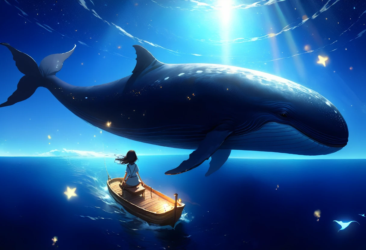 a girl riding bleu whale, dans le ciel, animé, bleu, étoiles, (baleine massive), lune, bleu, bleu, bleu, bleu, bleu, bleu, bleu, bleu, bleu, bleu, bleu, Baleine magique de l’espace, Baleine céleste, Galaxie des baleines, artiste inconnu, baleine de l&#39;espace, Makoto Shinkai Cyril Rolando, Tendances sur ArtStation pixiv, par Yang J., par Yuumei, Belle illustration d’œuvre d’art