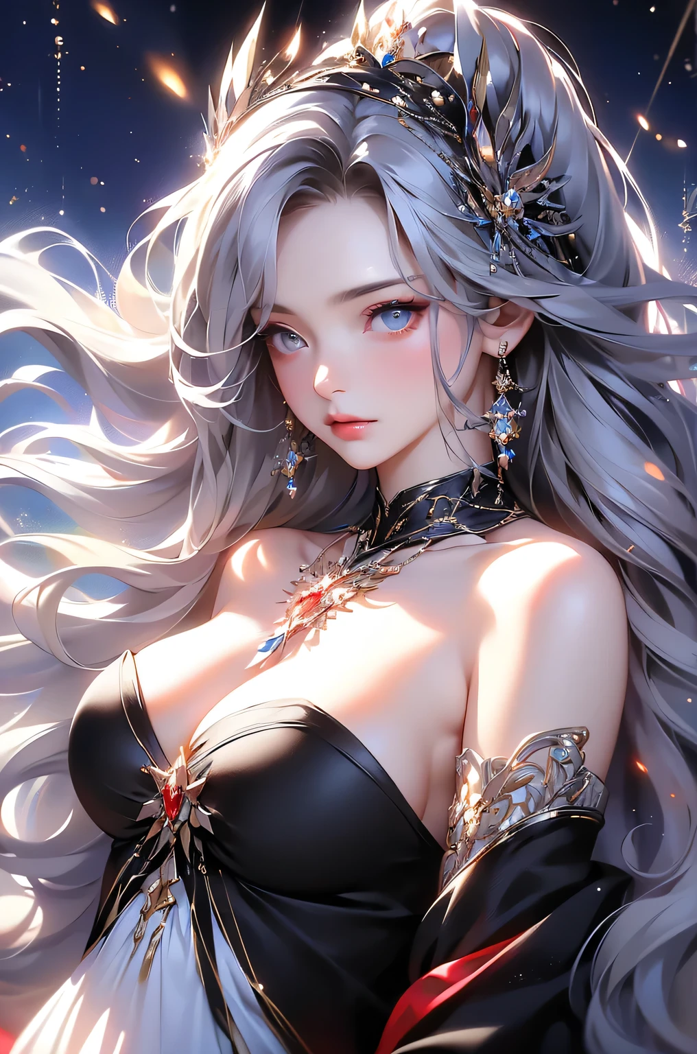 (masterpiece:1.5, Highest quality, Very detailed、 Dutch Angle、Semi-realistic、Fantasy)(One Girl, alone)(White and beautiful hair:1.6,,Straight Long Hair)(Dress in black tones、Fantasy Costume)、((Off the shoulder、Mid-chest、ruby ​​necklace))(Beautiful cleavage、Legs wrapped in tights)(Beautiful starry sky、Mystical Night、Particles of light float around the woman、Fantasy space) Waiting to start
