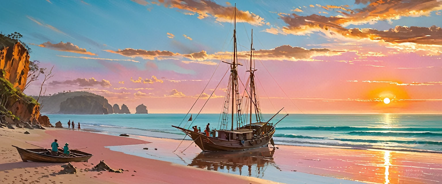 Ganador del premio a la mejor fotografía del año., (La escena captura con extrema claridad., 
Color y textura) una costa turquesa de baja california, capturando la esencia de un sereno barco Panga mexicano anclado en la arena dorada de una pintoresca playa. El toldo del barco se extiende a lo largo de la vista lateral., 
mientras cañas de pescar y palapas salpican el paisaje. Las formaciones rocosas se elevan desde la orilla., con gente dispersa, 
mezclándose armoniosamente en la distancia. ((Los suaves tonos anaranjados rosados se mezclan con el cielo.)), 
que recuerda a la hora mágica en la que el sol se esconde detrás del horizonte. 
La regla de la composición de los tercios sitúa el barco en la intersección de dos diagonales., 
llamando la atención del espectador hacia la escena tranquila. La pincelada tiene textura y es realista., 
evocando el estilo de artistas como Aytek Cetin, rive máximo, Tanmay Sapkal, Andrea Zappia y Daniel Gerhartz.