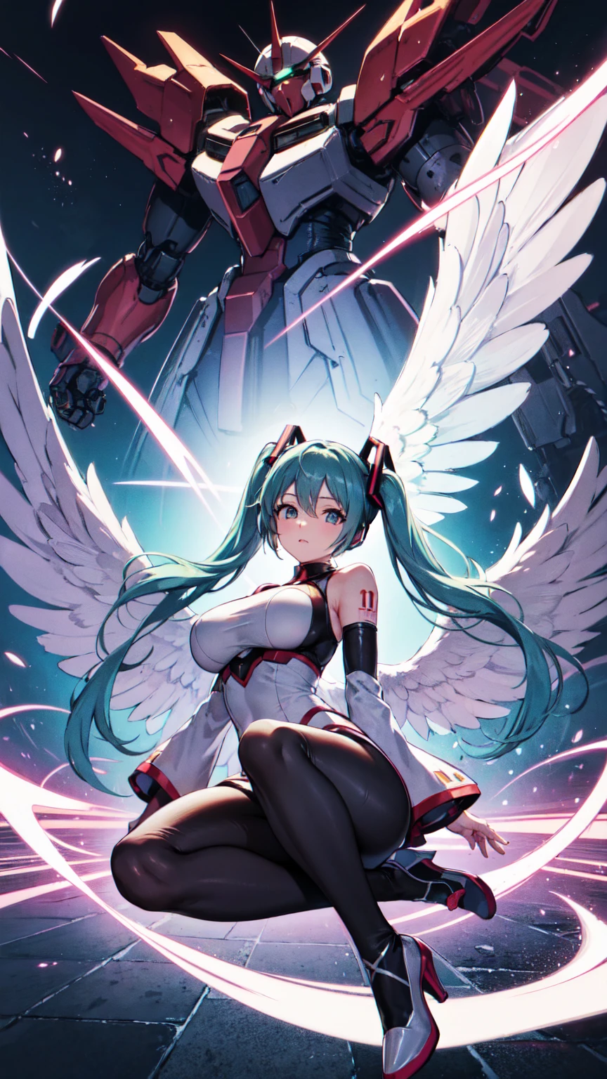 Hatsune Miku, große Brüste, Mecha-Mädchen, Nanomaschinen, Das Tragen einer Gundam-Rüstung, Angel Wings, High Heels, Lärmminderung, Tischplatte、Exquisites Design、Bildende Kunst、Konzeptkünstler、fünf Finger, perfekter Körper, {{{Meisterwerk}}}, {{{höchste Qualität}}}, {{Sehr detailiert}}, {Form}, {{sehr zart und schön}},Verbesserte Kostenleistung、alle Rollen、Canon 5D MK4でFoto、Foto, 8K-Abbildung