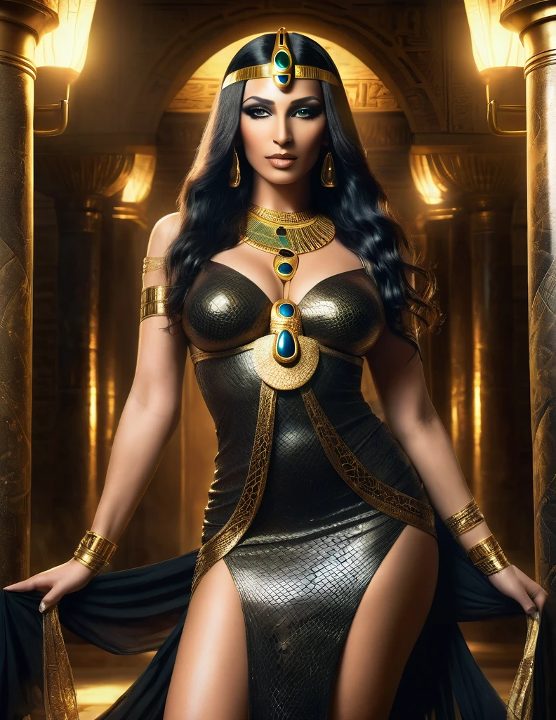 eine wunderschöne reife ägyptische Göttin, Nephthys, mit Schlangenhaut, Langes wallendes schwarzes Haar, leuchtende goldene Augen, Reptilienpupillen, geschwollene stillende Brüste, trägt ein figurbetontes, durchscheinendes schwarz-goldenes Kleid, geschmückt mit altägyptischem Schmuck, in einem geheimnisvollen alten Tempel stehen, verströmt dramatische Gothic-Domina-Vibes, in intensives Kinolicht getaucht, übernatürliche und atemberaubende Schönheit und Tiefe, (beste Qualität,4k,8k,highres,Meisterwerk:1.2),ultra-detailliert,(realistisch,photorealistisch,photo-realistisch:1.37),HDR,UHD,Studiobeleuchtung,Feinste Malerei,scharfer Fokus,physikalisch basiertes Rendering,äußerst detaillierte Beschreibung,Fachmann,lebendige Farben,bokeh,Fantasie,dark Fantasie,Okkulte,leistungsstark,mystisch,elegant,Ätherisch,Chiaroscuro, Ganzkörperansicht, in a mystisch environment, im Herzen eines altägyptischen Palastes