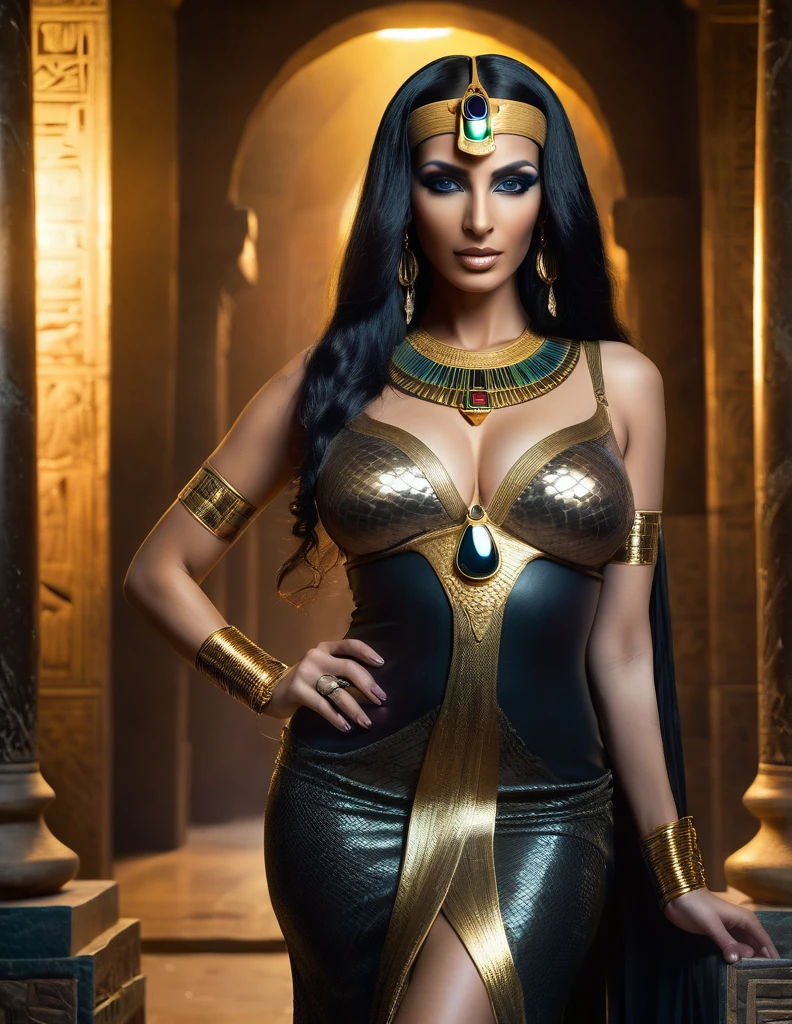 a beautiful mature egyptian goddess, nephthys, with snake skin, long flowing black hair, glowing golden eyes, reptilian pupils, swollen lactating breasts, wearing a form-fitting translucent black and gold dress, adorned with ancient egyptian jewelry, standing in a mysterious ancient temple, exuding dramatic gothic dominatrix vibes, bathed in intense cinematic lighting, supernatural and breathtaking beauty and depth, (best quality,4k,8k,highres,masterpiece:1.2),ultra-detailed,(realistic,photorealistic,photo-realistic:1.37),HDR,UHD,studio lighting,ultra-fine painting,sharp focus,physically-based rendering,extreme detail description,professional,vivid colors,bokeh,fantasy,dark fantasy,occult,powerful,mystical,elegant,ethereal,chiaroscuro, full body view, in a mystical environment, at the heart of an ancient Egyptian palace