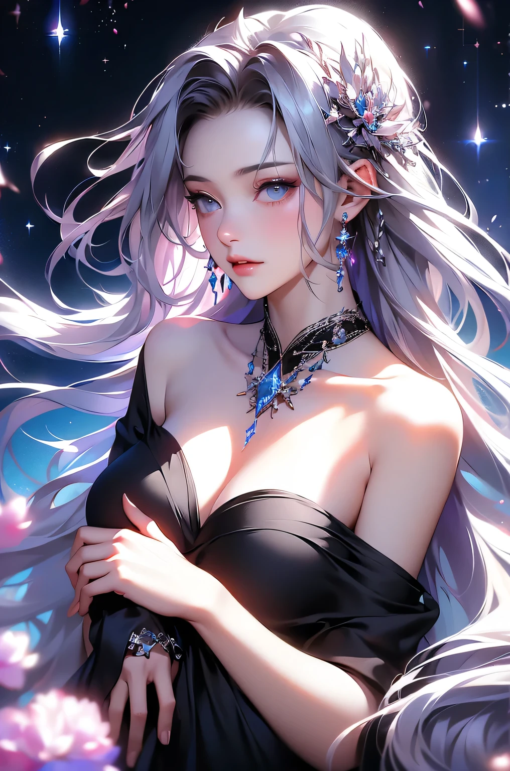 (masterpiece:1.5, Highest quality, Very detailed、 Dutch Angle、Semi-realistic、Fantasy)(One Girl, alone)(White and beautiful hair:1.6,,Straight Long Hair)(Dress in black tones、Fantasy Costume)、((Off the shoulder、Mid-chest、ruby ​​necklace))(Beautiful cleavage、Legs wrapped in tights)(Beautiful starry sky、Mystical Night、Particles of light float around the woman、Fantasy space) Waiting to start
