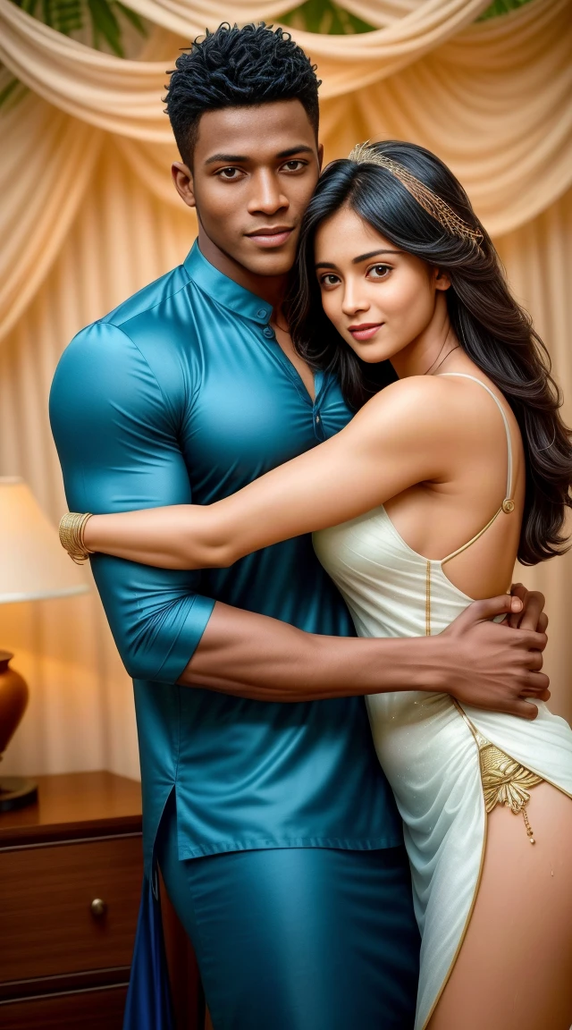 1 muscular very hary, handsome and attractive African man not wearing any shirt with sexy Indian married woman with hourglss figurey wearing a sexy wet satin nighty. The woman dress is wet. Both are hugging pose and there body is toward s the camera which is front.