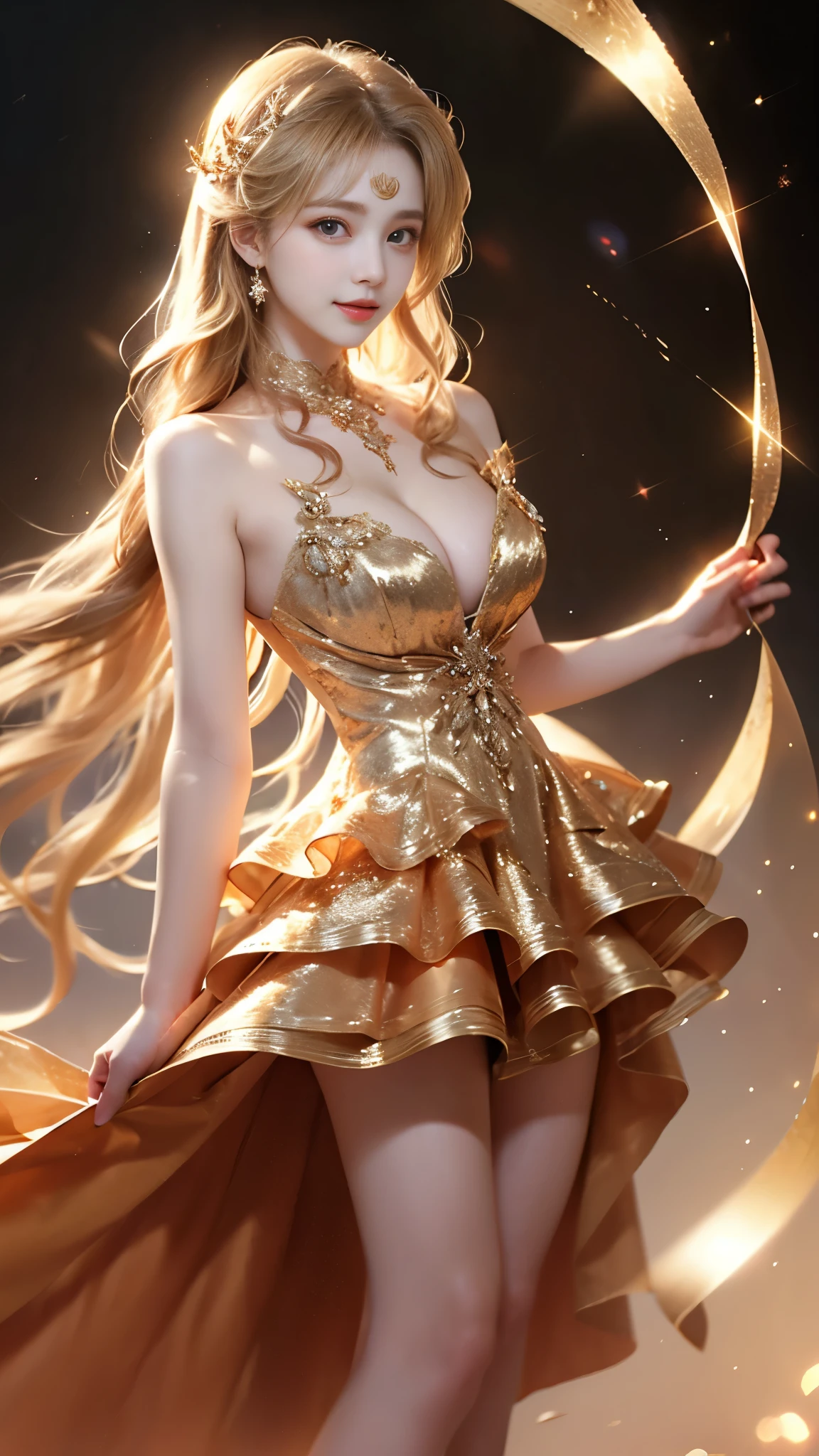 jinmeng
golden layered dress
sparkle
see-through
jewelry, ((knee shot)), ((Shoot at random angles)), ((Visible cleavage)), ((E-cup)), ((I-type Valley)), ((Warm colors)), Long-range shooting, A beautiful woman，Elegant posture，Standing，Slender figure。Her legs are slender and straight，Cross placement，Forming a perfect diagonal composition。Head gently sideways，Long blond hair falls naturally，Gently brushing her shoulders。Soft colors，In stark contrast to her fair skin。The edge of the skirt ripples gently，As if swaying in the breeze。Her eyes were gentle，There is a faint smile on the lips。The whole picture looks very harmonious and beautiful