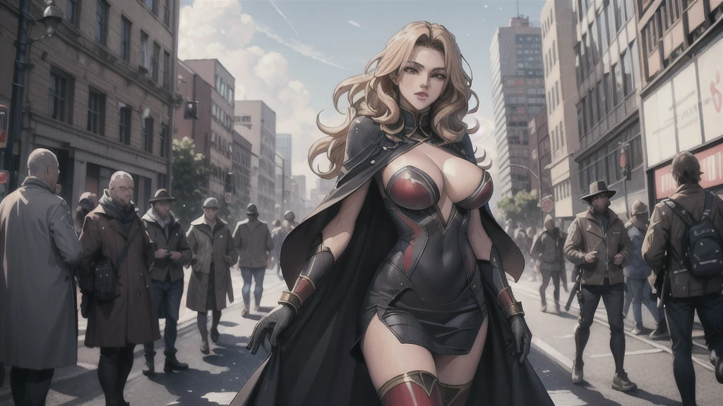 1girl,Alicia Viewsrtream, blonde hair, wavy hair, long hair, red eyes,red lips,red impossible clothes,red elbow gloves,red thigh boots,cape,incredibly absurdres,thighs,realistic,reality,hetero, best quality:1.4, intricate details, sharp focus, highres, elaborate atmosphere:0.90, 8K, 4K, UHD, 32k UHD resolution, Ultra Detailed 8K CG, ultra high res, High quality texture, High quality shadows, vivid colors, detailed eyes, depth of field, soft lighting, masterpiece, best quality, intricate, (lens reflection: 0.7), (flowering: 0.7), particle effects, ray tracing, tone mapping, highly detailed, concept art, smooth, sharp focus, dramatic lighting, highly detailed art,  trending on Artstation, 8K, amazing shadows, realistic, (highly detailed background: 1.2), oda non style, indoors, palace, lights, windows, day,