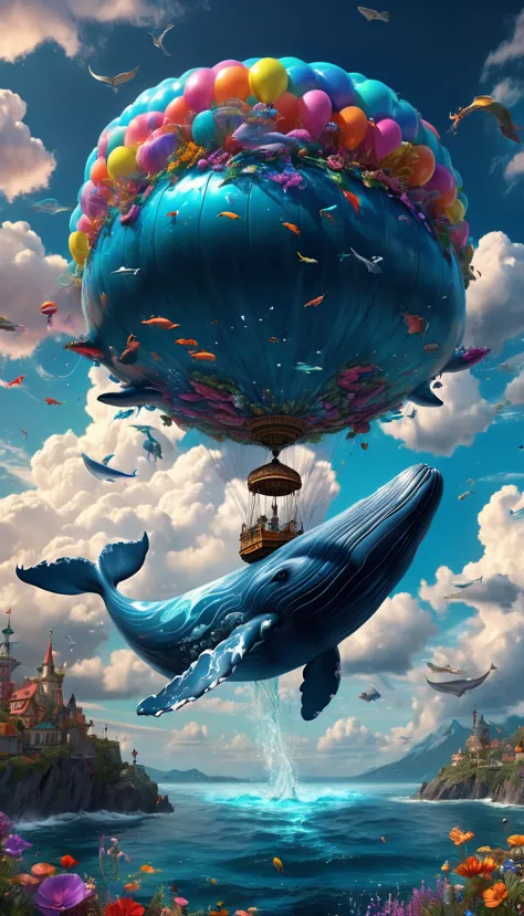 a flying whale, whale in the sky, whimsical digital art, surreal landscape, fantasy creature, magical realism, cinematic lightin...