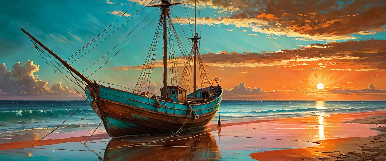 Winner of the award for best photography of the year, (the scene captures with extreme clarity, 
color and texture) a Turquoise Coast of Baja California, capturing the essence of a serene Mexican Panga boat 
anchored in the golden sand of a picturesque beach,((Soft pinkish-orange tones blend with the sky)), 
reminiscent of the magic hour when the sun hides behind the horizon. 
The rule of thirds composition places the ship at the intersection of two diagonals, 
drawing the viewer's attention to the tranquil scene. The brushwork is textured and realistic, 
evoking the style of artists such as Aytek Cetin, Max Rive, Tanmay Sapkal, Andrea Zappia and Daniel Gerhartz.
