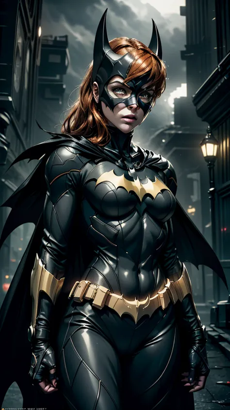 ((Batgirl in a high-tech vigilante suit with Batman symbol on chest, orange hair and light eyes, in a dark night of Gotham city,...
