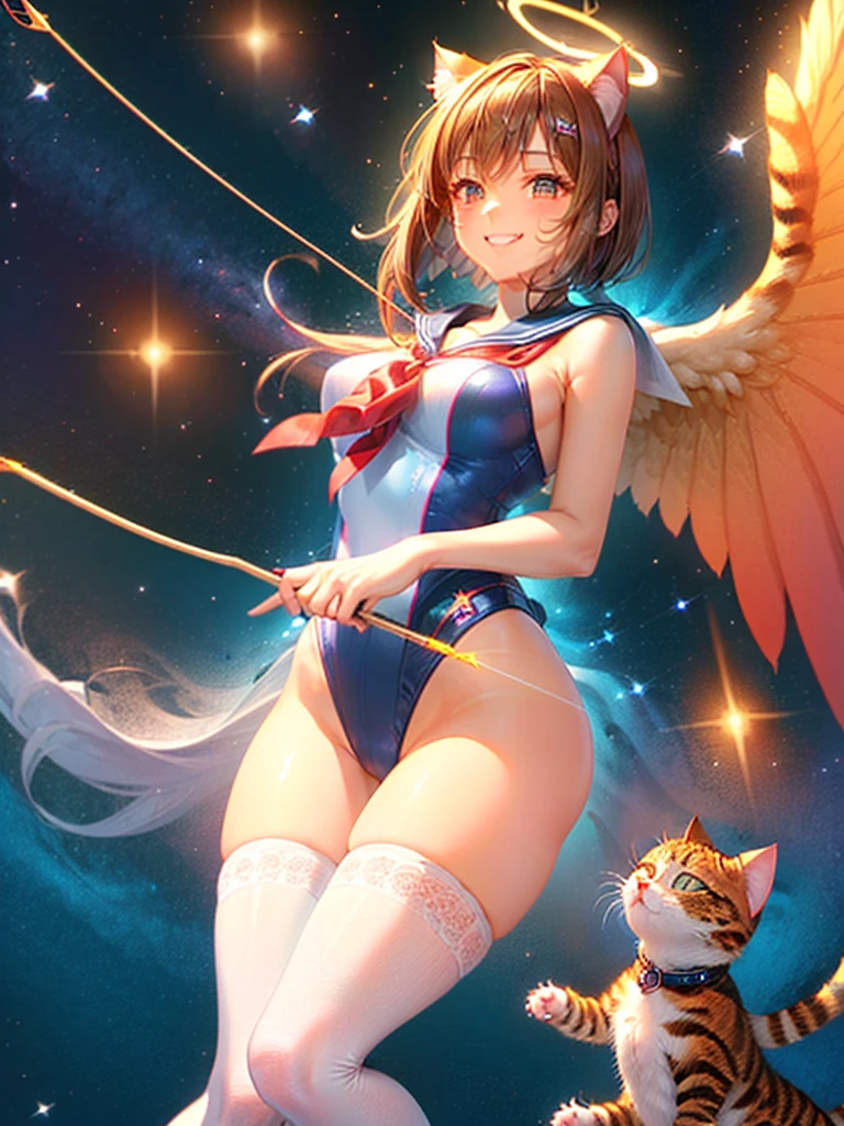 Highest quality,Highest Resolution,Masterpiece,(((A beautiful girl in a sailor leotard with a smile on her face))),High leg,Frills,White knee-high stockings,,Red tie,(((Cat ear))),(((Halation))),Brown hair short bob,(((archery))),White angel wings on the back,universe,Milky Way,Meteor,dark,Bow of Light,whole body,Bow of Light,A distant view,Side view,(((Draw the bow))),Halo,弓を引いている,