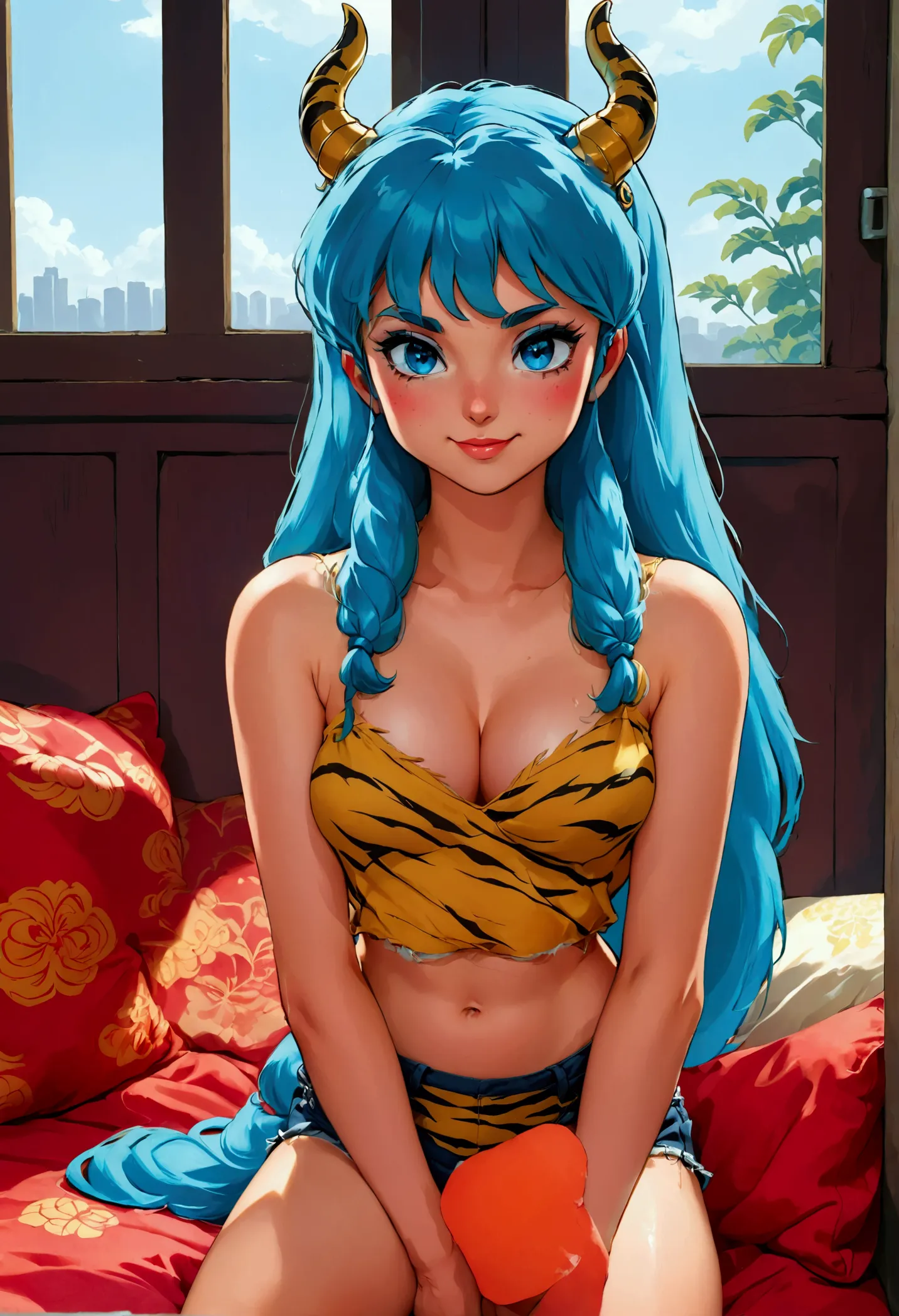 score_9, score_8_up, score_7_up, 1980's style, retro, source anime, flat color, illustration. lum, single_braid, blue hair, blue...