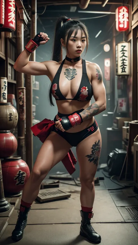 Beautiful Japanese female, (16 years old), Mixed Martial Arts, (belly exposed, everyday clothes worn around the house:1.3), tank...