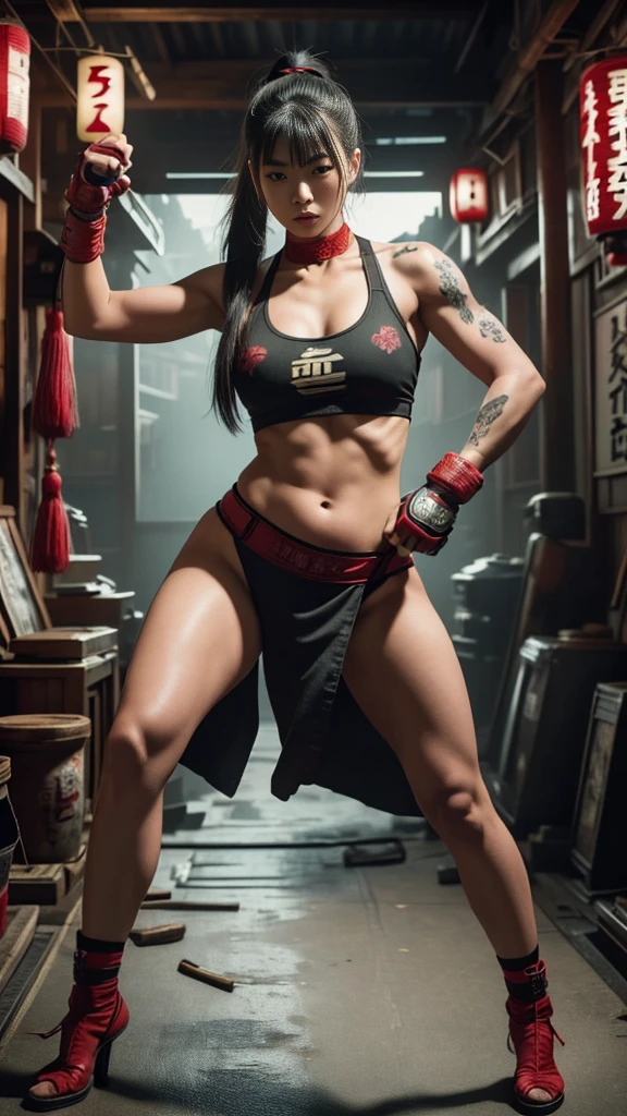 Beautiful Japanese female, (16 years old), Mixed Martial Arts, (belly exposed, everyday clothes worn around the house:1.3), tank top, (MMA gloves), fit, (muscles:1.2), athletic feminine body, female fitness model body, Tokyo landmarks in the background, masterpiece, perfect lighting, ultra high resolution, 8K, She is an exceptional MMA fighter, hard toned feminine body, (very long ponytail, straight bangs:1.2), (sexy smile for the camera:0.7), (very sexy pose), (kung fu fighter in fighting stance, holding very large weapon in hand, wearing very large weapon, standing with very large weapon, raising very large weapon:1.3), (tattoos all over body, 80% of body covered in Japanese tattoos:1.5), red lips, red high heels, choker, necklace, earrings, (highly detailed:1.4), front view, looking at camera, pensive expression, (Tokyo city, many people in the background),