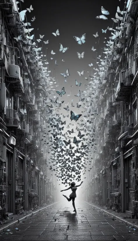 colorful butterflies, dancing in the neon alleys, a brief burst of color in a monochrome world