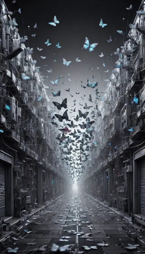 colorful butterflies, dancing in the neon alleys, a brief burst of color in a monochrome world