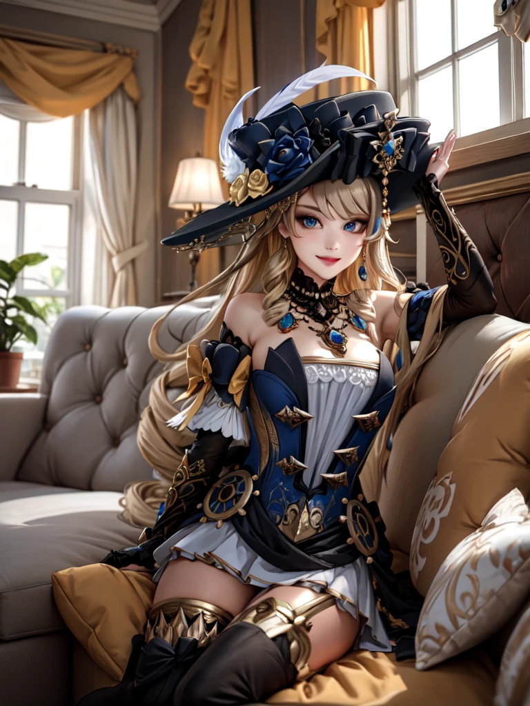 (masterpiece, best quality, detailed), 1girl, solo, blue eyes, drill hair, bangs, looking at viewer, long hair, dress, hat, hat flower, hat feather, jewelry, flower, gloves, detached sleeves, elbow gloves, hat feather, thighhighs, thigh boots,
indoors, couch, pillow, window, curtains, potted plant, dutch angle, on back, arms behind head, smile, parted lips