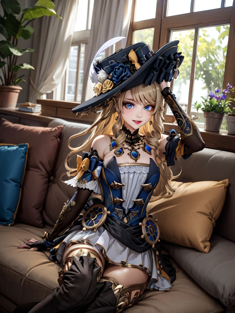 (masterpiece, best quality, detailed), 1girl, solo, blue eyes, drill hair, bangs, looking at viewer, long hair, dress, hat, hat flower, hat feather, jewelry, flower, gloves, detached sleeves, elbow gloves, hat feather, thighhighs, thigh boots,
indoors, couch, pillow, window, curtains, potted plant, dutch angle, on back, arms behind head, smile, parted lips