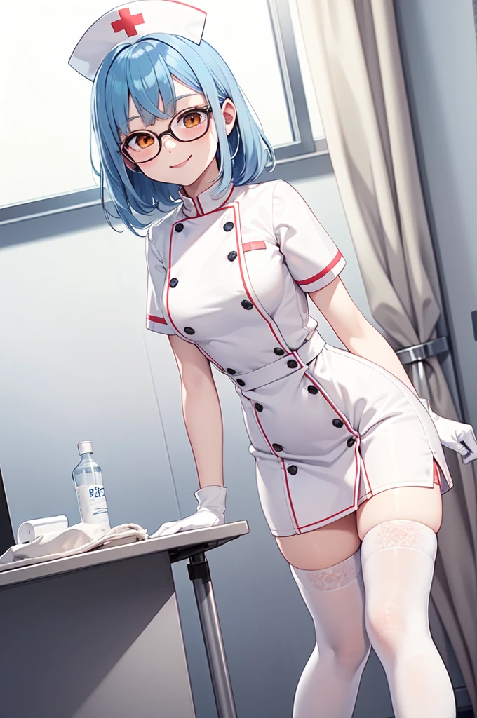 1girl, solo, nurse, nurse cap, white nurse uniform, ((white legwear, zettai ryouiki)), white gloves, glasses, blue hair, orange eyes, smile, standing, ((hospital room)), sharp outline, short sleeves, best quality, masterpiece