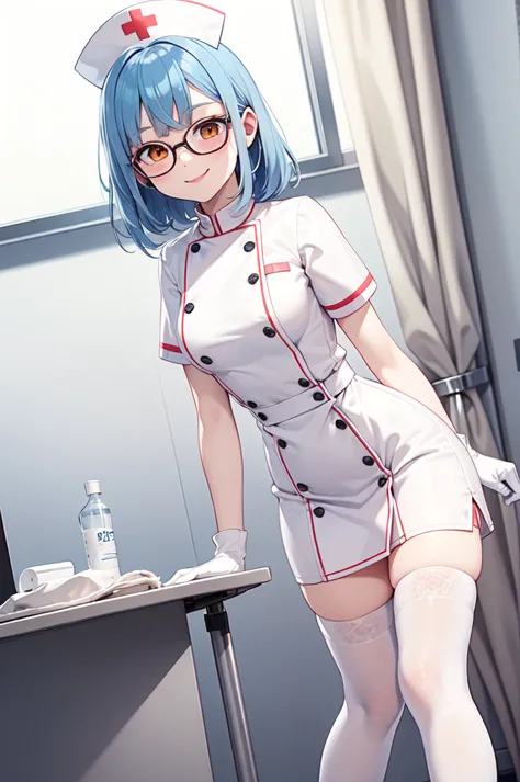 1girl, solo, nurse, nurse cap, white nurse uniform, ((white legwear, zettai ryouiki)), white gloves, glasses, blue hair, orange ...