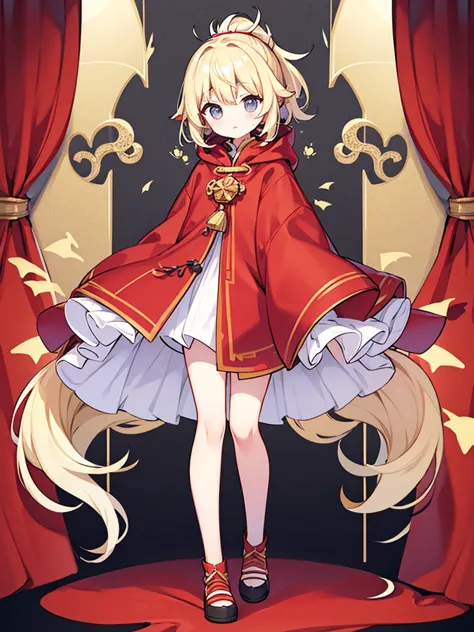 Full-body portrait、Are standing、Fluffy hair、Blonde、Lots of hair、Short ponytail、Grey sweater、Red cloak