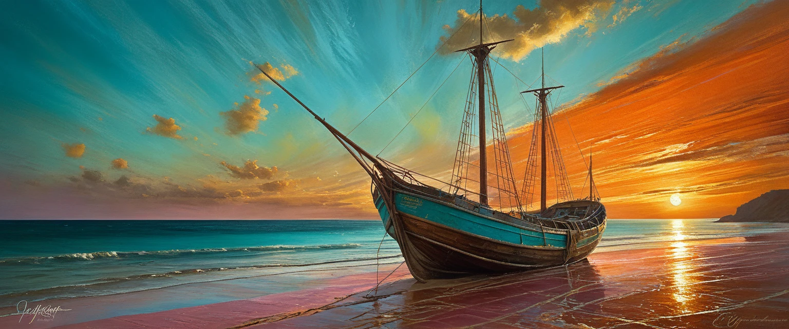 Winner of the award for best photography of the year, (the scene captures with extreme clarity, 
color and texture) a Turquoise Coast of Baja California, capturing the essence of a serene Mexican Panga boat 
anchored in the golden sand of a picturesque beach,((Soft pinkish-orange tones blend with the sky)), 
reminiscent of the magic hour when the sun hides behind the horizon. 
The rule of thirds composition places the ship at the intersection of two diagonals, 
drawing the viewer's attention to the tranquil scene. The brushwork is textured and realistic, 
evoking the style of artists such as Aytek Cetin, Max Rive, Tanmay Sapkal, Andrea Zappia and Daniel Gerhartz.
