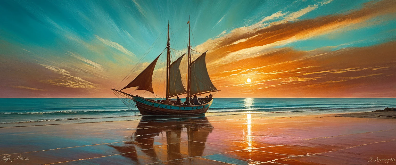 Winner of the award for best photography of the year, (the scene captures with extreme clarity, 
color and texture) a Turquoise Coast of Baja California, capturing the essence of a serene Mexican Panga boat 
anchored in the golden sand of a picturesque beach,((Soft pinkish-orange tones blend with the sky)), 
reminiscent of the magic hour when the sun hides behind the horizon. 
The rule of thirds composition places the ship at the intersection of two diagonals, 
drawing the viewer's attention to the tranquil scene. The brushwork is textured and realistic, 
evoking the style of artists such as Aytek Cetin, Max Rive, Tanmay Sapkal, Andrea Zappia and Daniel Gerhartz.
