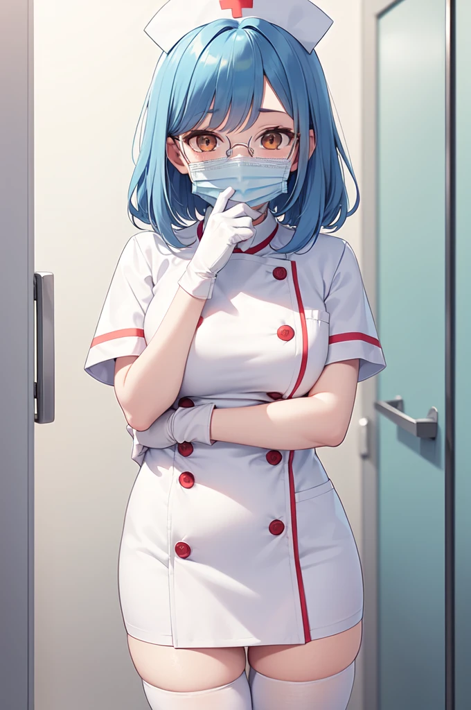 1girl, solo, nurse, nurse cap, white nurse uniform, ((white legwear, zettai ryouiki)), white gloves, glasses, blue hair, orange eyes, ((white surgical mask, covered nose)), standing, ((hospital room)), sharp outline, short sleeves, best quality, masterpiece