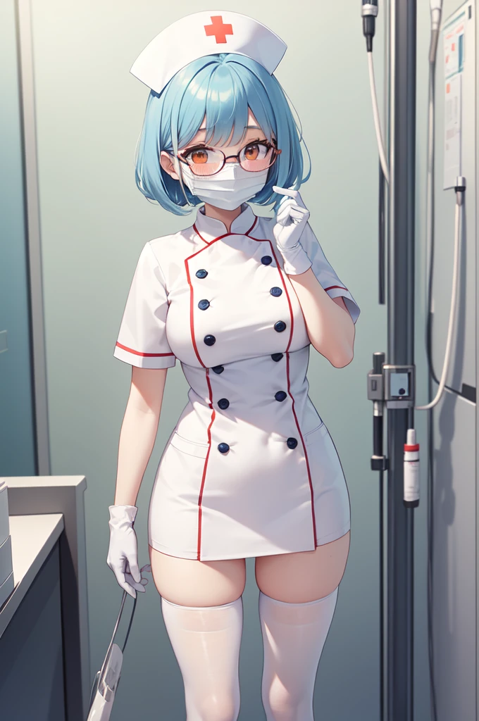 1girl, solo, nurse, nurse cap, white nurse uniform, ((white legwear, zettai ryouiki)), white gloves, glasses, blue hair, orange eyes, ((white surgical mask, covered nose)), standing, ((hospital room)), sharp outline, short sleeves, best quality, masterpiece