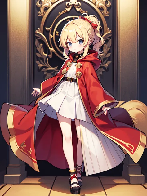 Full-body portrait、Are standing、Fluffy hair、Blonde、Lots of hair、Short ponytail、Grey sweater、Red cloak
