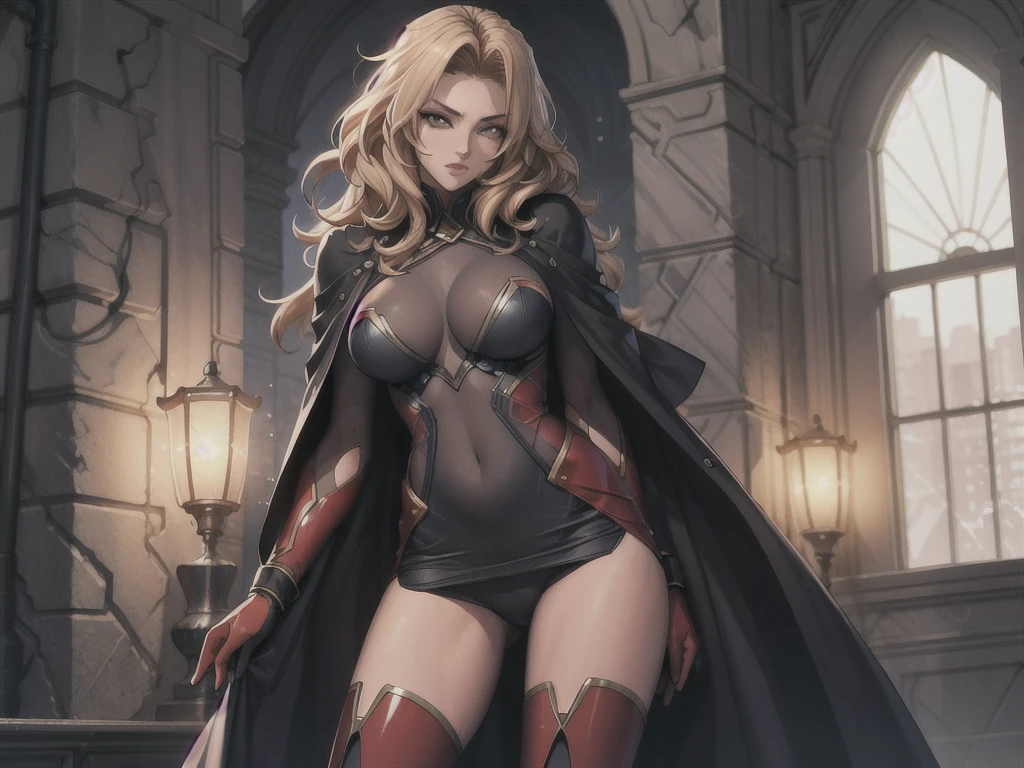 1girl,Alicia Viewsrtream, blonde hair, wavy hair, long hair, red eyes,red lips,red impossible clothes,red elbow gloves,red thigh boots,cape,incredibly absurdres,thighs,realistic,reality,hetero, best quality:1.4, intricate details, sharp focus, highres, elaborate atmosphere:0.90, 8K, 4K, UHD, 32k UHD resolution, Ultra Detailed 8K CG, ultra high res, High quality texture, High quality shadows, vivid colors, detailed eyes, depth of field, soft lighting, masterpiece, best quality, intricate, (lens reflection: 0.7), (flowering: 0.7), particle effects, ray tracing, tone mapping, highly detailed, concept art, smooth, sharp focus, dramatic lighting, highly detailed art,  trending on Artstation, 8K, amazing shadows, realistic, (highly detailed background: 1.2), oda non style, indoors, palace, lights, windows, day,