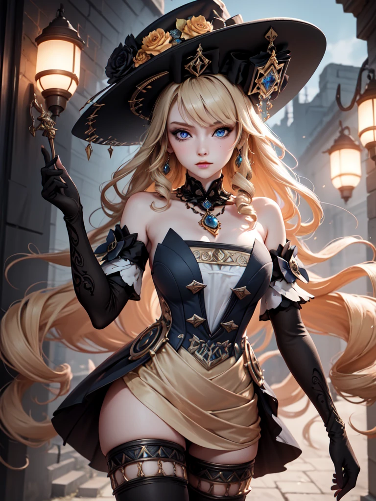 (masterpiece, best quality), 1girl,  navia,long hair,blonde hair,hat, witch hat,blue eyes,dress,bangs,black headwear,gloves,bare shoulders,flower,jewelry,thighhighs,black gloves,drill hair,detached sleeves,