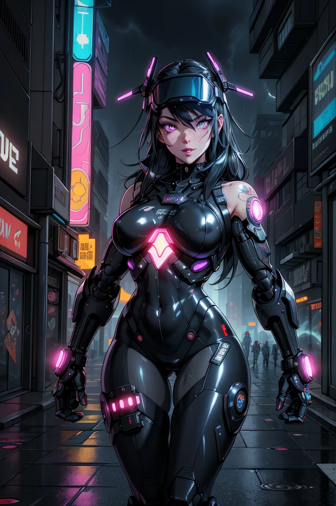 (best quality, masterpieces, high-res), cyberpunk, vulgar:1.2, futuristic cityscape, neon lights, technologically advanced metropolis, towering skyscrapers, dark alleyways, graffiti-covered walls, hovercars, holographic advertisements, augmented reality, heavy rain, smoke-filled streets, circuitry tattoos, chrome-plated cyborgs, augmented limbs, robotic prosthetics, destroyed buildings, flickering LED signs, rebellious hackers, underground cybernetic black market, virtual reality headset, flashing cybernetic eyes, dystopian society, bustling crowds, advanced weaponry, shiny latex outfit, provocative clothing, provocative poses, seductive gaze