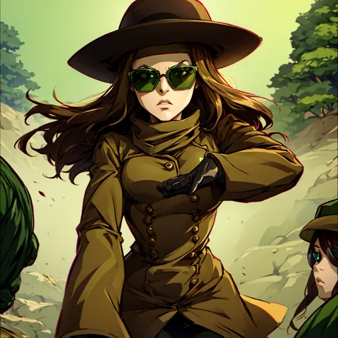 Green skin woman. Brown Hat. Brown Overcoat. Sunglasses. Dark green long hair