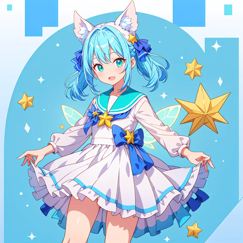 1girl、Standing in front of the viewer、Original, unique and cute hairstyle、Star Fairy、Star incarnation、Character design front view、A picture facing the viewer、(((Super detailed、Highest quality、Masterpiece)))、Milky white and blue hair color、Simple Green Background、vtuber-fullbody,White sailor suit、