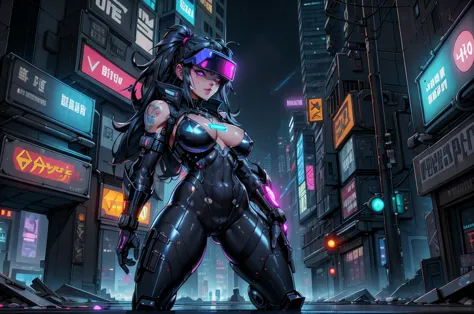 (best quality, masterpieces, high-res), cyberpunk, vulgar:1.2, futuristic cityscape, neon lights, technologically advanced metro...