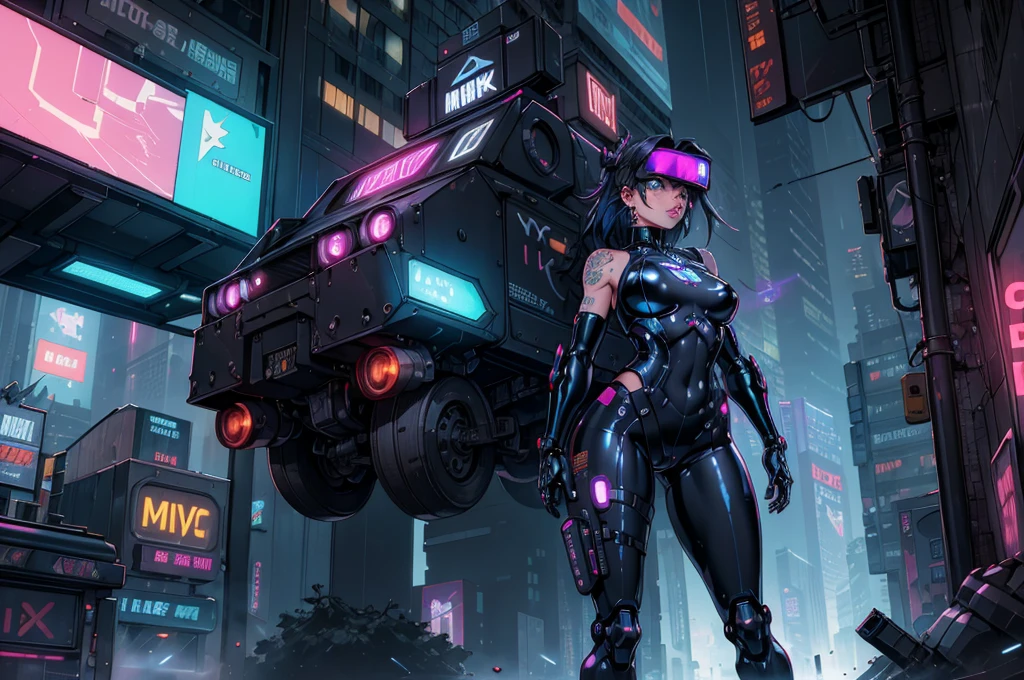 (best quality, masterpieces, high-res), cyberpunk, vulgar:1.2, futuristic cityscape, neon lights, technologically advanced metropolis, towering skyscrapers, dark alleyways, graffiti-covered walls, hovercars, holographic advertisements, augmented reality, heavy rain, smoke-filled streets, circuitry tattoos, chrome-plated cyborgs, augmented limbs, robotic prosthetics, destroyed buildings, flickering LED signs, rebellious hackers, underground cybernetic black market, virtual reality headset, flashing cybernetic eyes, dystopian society, bustling crowds, advanced weaponry, shiny latex outfit, provocative clothing, provocative poses, seductive gaze