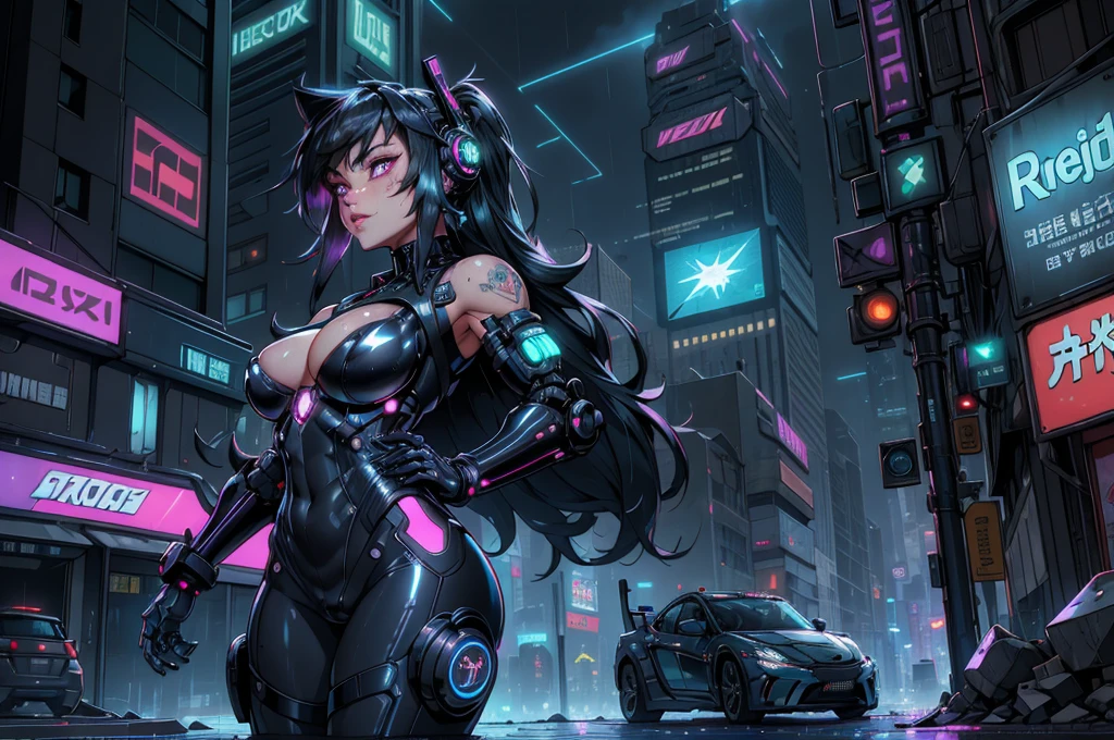 (best quality, masterpieces, high-res), cyberpunk, vulgar:1.2, futuristic cityscape, neon lights, technologically advanced metropolis, towering skyscrapers, dark alleyways, graffiti-covered walls, hovercars, holographic advertisements, augmented reality, heavy rain, smoke-filled streets, circuitry tattoos, chrome-plated cyborgs, augmented limbs, robotic prosthetics, destroyed buildings, flickering LED signs, rebellious hackers, underground cybernetic black market, virtual reality headset, flashing cybernetic eyes, dystopian society, bustling crowds, advanced weaponry, shiny latex outfit, provocative clothing, provocative poses, seductive gaze