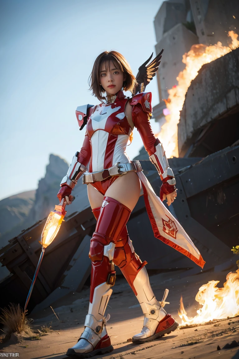 1girl, Absurd resolution, high resolution, (masterpiece: 1.4), hyper-detail, a mech, red armor with red wings, floating flight in the sky (1.8) background is wild, fire, full bodysuit, 