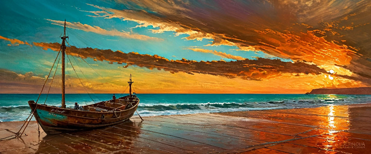 Ganador del premio a la mejor fotografía del año., (La escena captura con extrema claridad., 
Color y textura) una costa turquesa de baja california, capturando la esencia de un sereno barco Panga mexicano anclado en la arena dorada de una pintoresca playa,((Los suaves tonos anaranjados rosados se mezclan con el cielo.)), 
que recuerda a la hora mágica en la que el sol se esconde detrás del horizonte. 
La regla de la composición de los tercios sitúa el barco en la intersección de dos diagonales., 
llamando la atención del espectador hacia la escena tranquila. La pincelada tiene textura y es realista., 
evocando el estilo de artistas como Aytek Cetin, rive máximo, Tanmay Sapkal, Andrea Zappia y Daniel Gerhartz.
