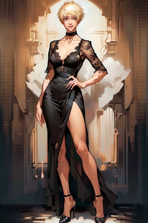 ((full body:1.4)).(rule of thirds:1.4), ((ultra realistic illustration:1.2)),Athletic blonde woman, (short hair), tomboy, cute, ((smile)), sexy, smoky eye, choker, sheer lace black minidress, high heels.Masterpiece, best quality,(highly detailed:1.2),(detailed face and eyes:1.2), 8k wallpaper, depth of field, natural lighting. core shadows, high contrast, bokeh.